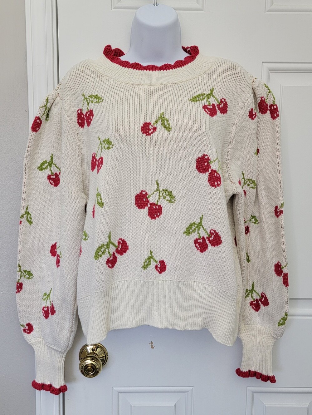 Generation K Cream Red Sweet Cherry Print Knit Ruffled Sweater Size XL Cottage
